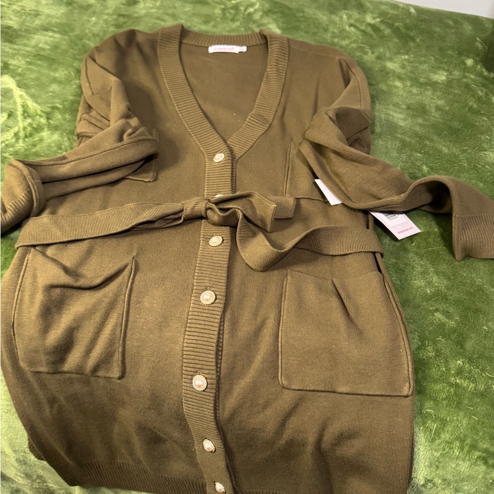 ShoeDazzle Olive Green Ribbed Trim Women's Cardigan